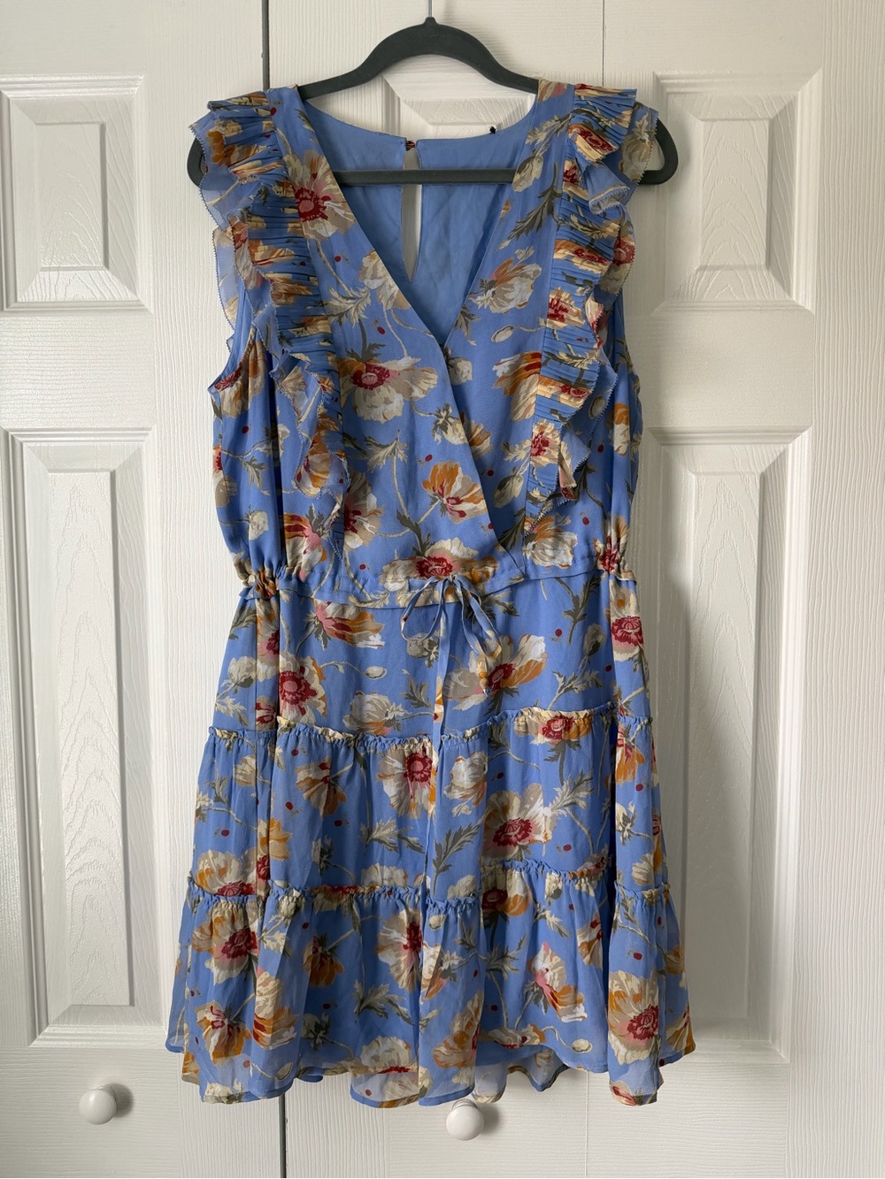 PAIGE Silk Blue Floral Ruffle Tiered Mini Dress